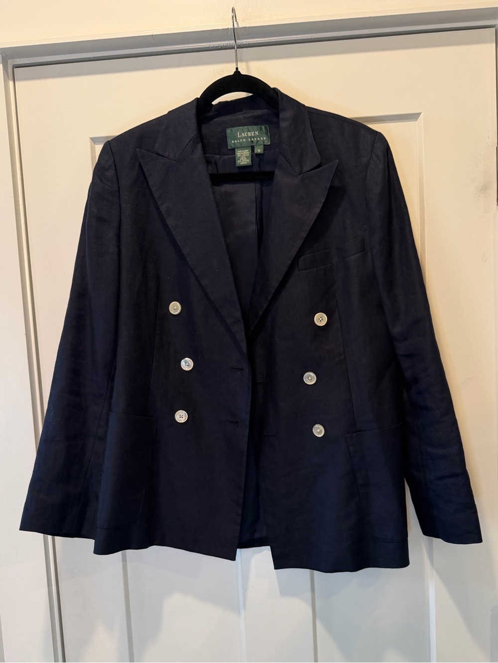 Lauren Ralph Lauren Navy Linen Double Breasted Blazer Size 6 Classic Preppy - Picture 2 of 14